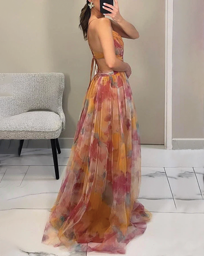 Women’s Long Evening Dress with Straps, V-Neck and Floral Print - 4