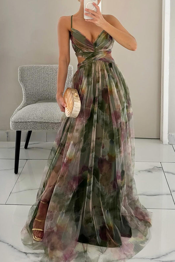 Femme Robe Longue de Soirée à Bretelles avec Col en V et Imprimé Floral