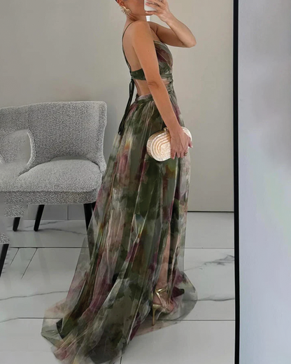 Women’s Long Evening Dress with Straps, V-Neck and Floral Print - 9