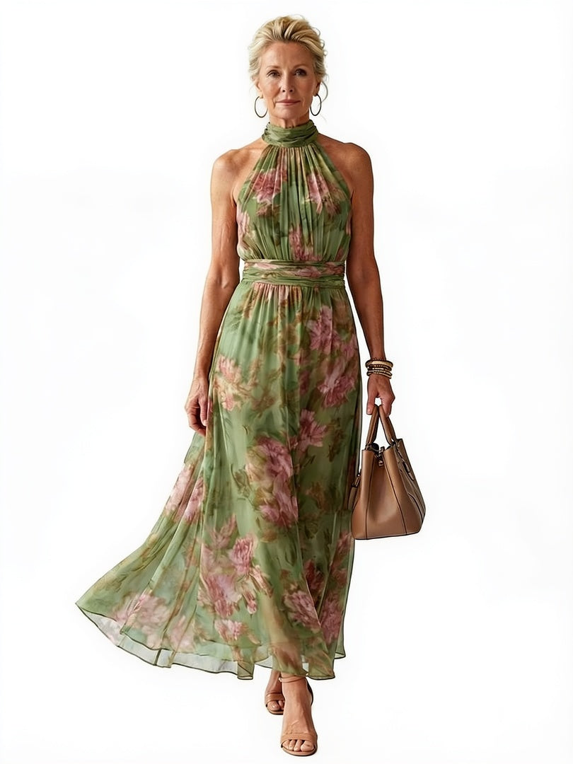 Femme Robe Longue Fleurie sans Manches col Halter et Ceinture