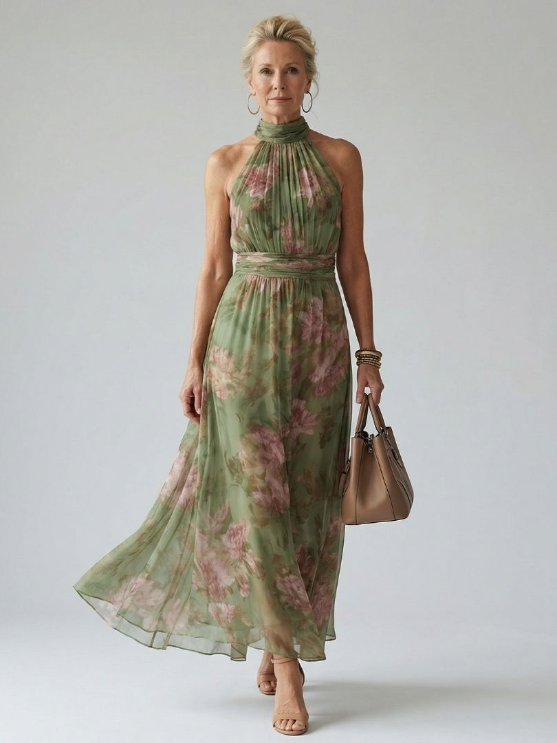 Women's Floral Long Dress without Sleeves, Halter Neck, and Belt - 2