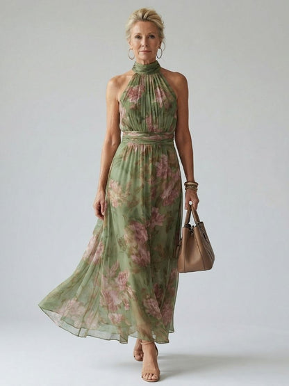 Women's Floral Long Dress without Sleeves, Halter Neck, and Belt - 2