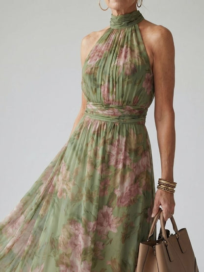 Women's Floral Long Dress without Sleeves, Halter Neck, and Belt - 3