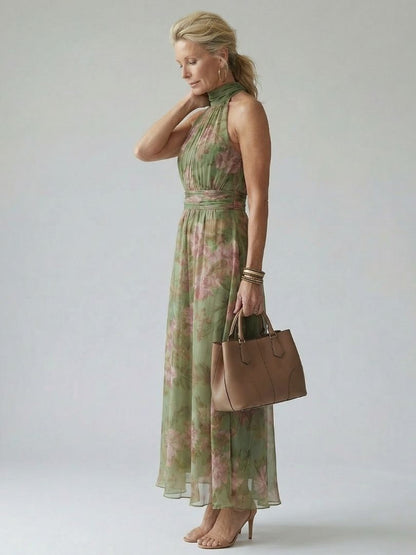 Women's Floral Long Dress without Sleeves, Halter Neck, and Belt - 4