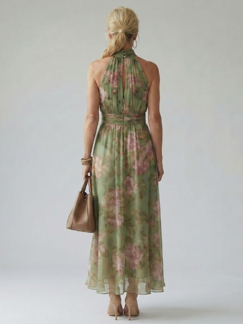 Femme Robe Longue Fleurie sans Manches col Halter et Ceinture