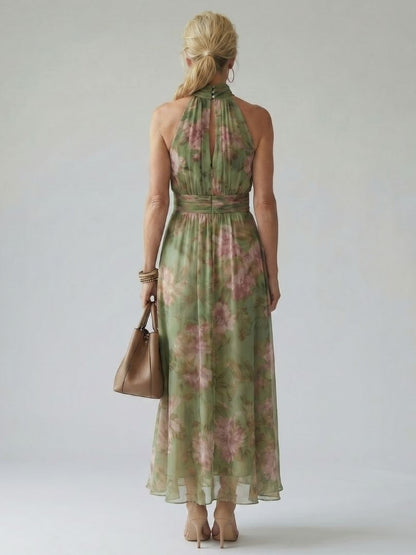 Women's Floral Long Dress without Sleeves, Halter Neck, and Belt - 5