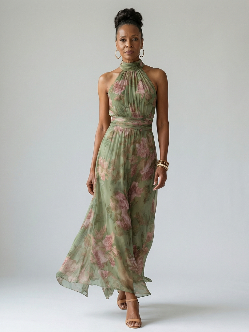 Femme Robe Longue Fleurie sans Manches col Halter et Ceinture