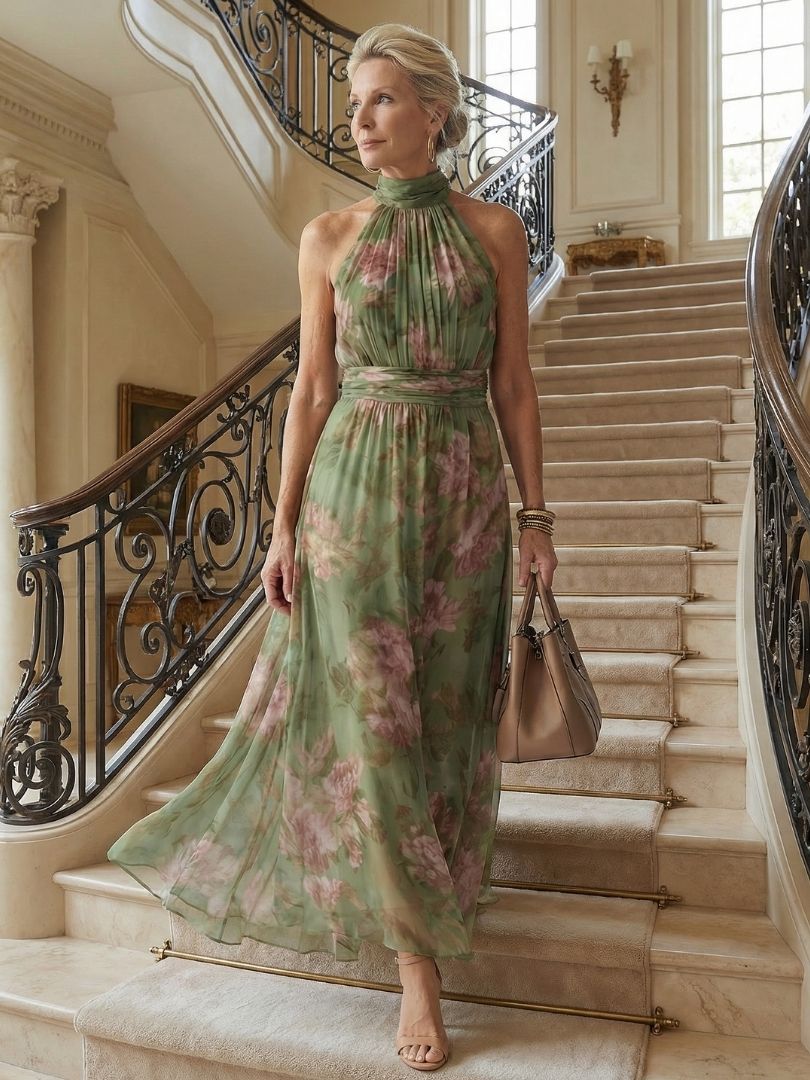 Femme Robe Longue Fleurie sans Manches col Halter et Ceinture