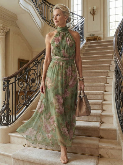 Women's Floral Long Dress without Sleeves, Halter Neck, and Belt - 7
