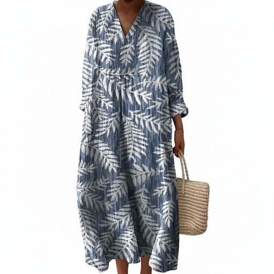 Femme Robe Longue Oversize à Manches Longues avec Col en V et Imprimé Feuilles