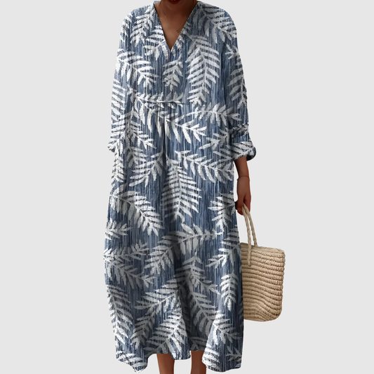 Femme Robe Longue Oversize à Manches Longues avec Col en V et Imprimé Feuilles