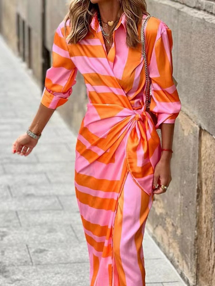 Femme Robe Longue Portefeuille à Imprimé avec Col Chemise et Ceinture