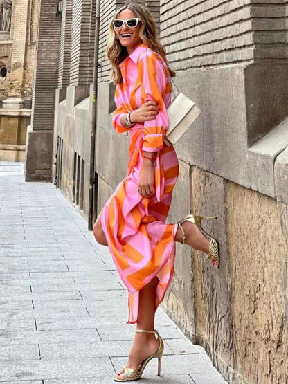 Women's Long Wrap Dress with Print, Shirt Collar, and Belt - 4