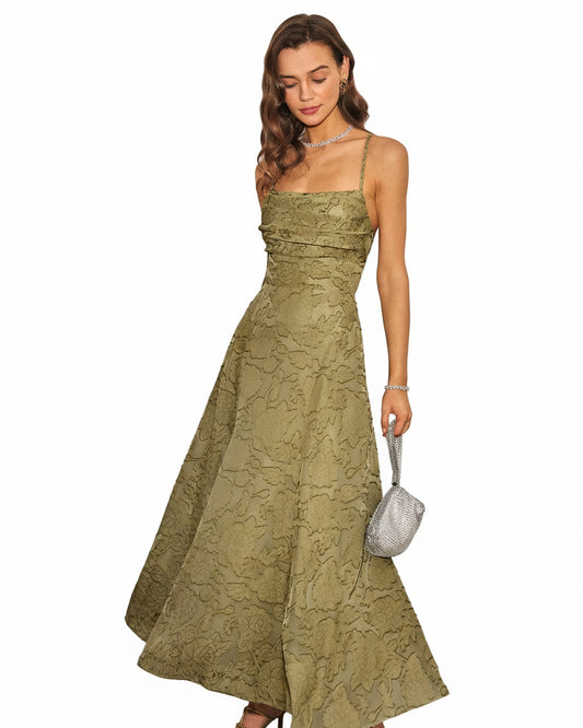 Femme Robe Longue sans Bretelles à Col Carré avec Dos en Croix et Silhouette A-Line