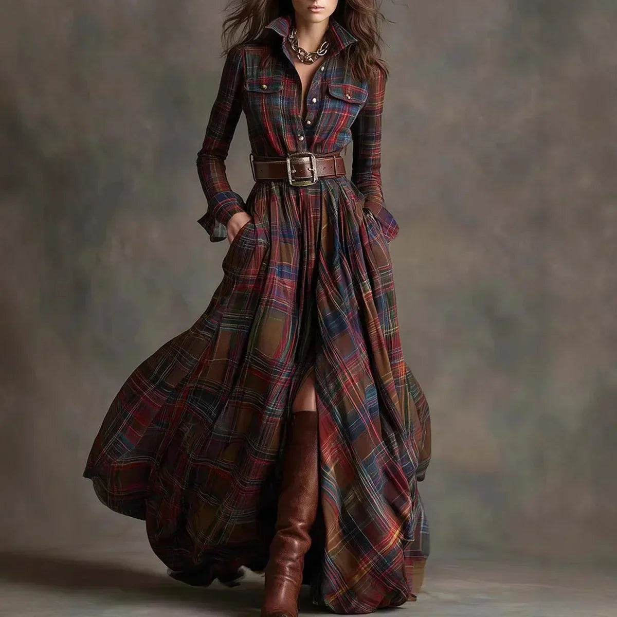 Femme Robe Maxi à Carreaux Manches Longues avec Col Chemise et Ceinture