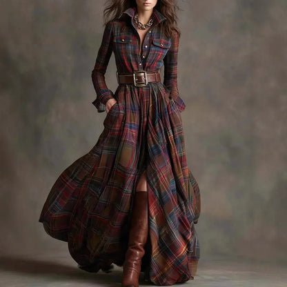 Women’s Checkered Maxi Dress with Long Sleeves, Shirt Collar and Belt - 2