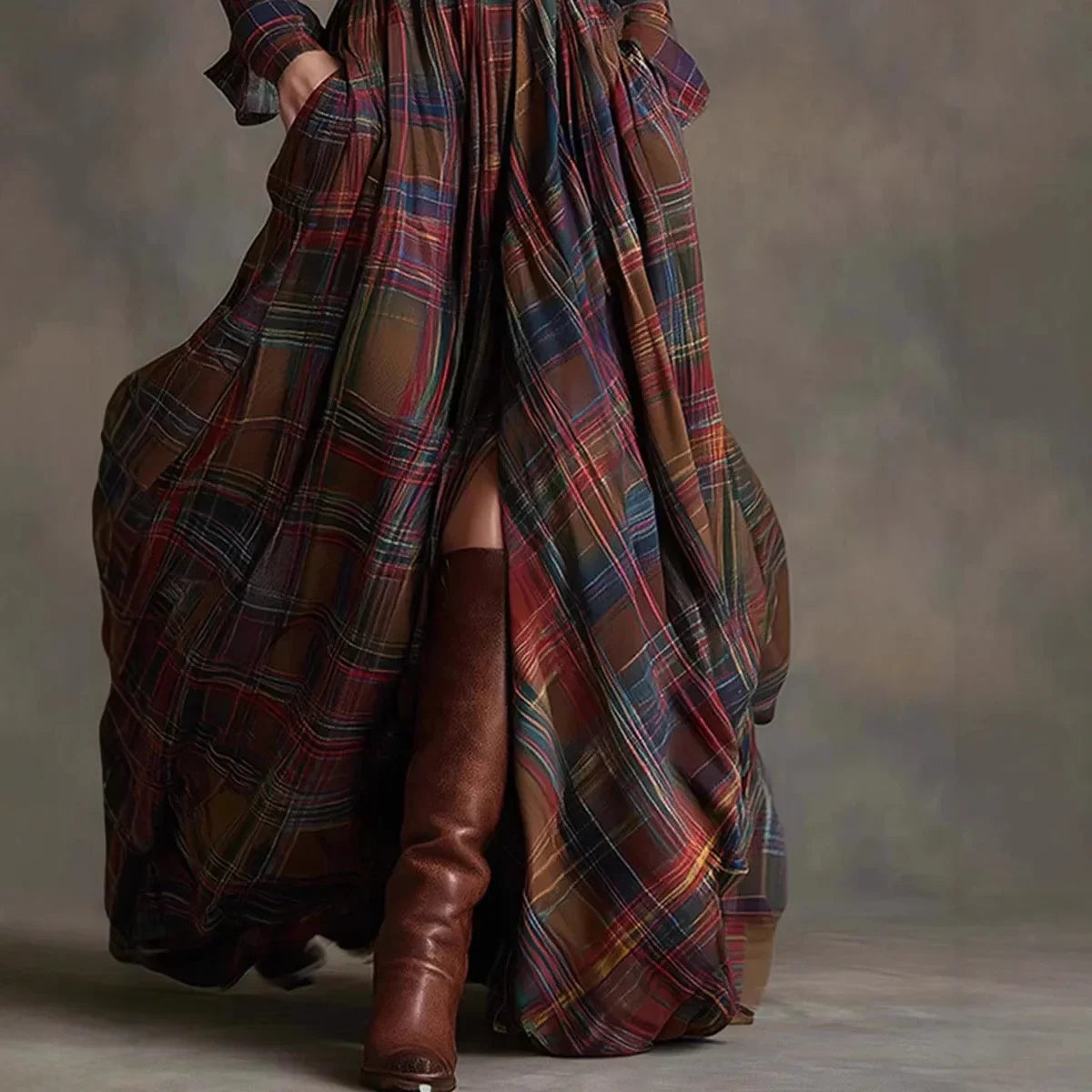 Femme Robe Maxi à Carreaux Manches Longues avec Col Chemise et Ceinture