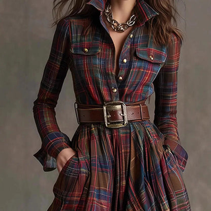 Women’s Checkered Maxi Dress with Long Sleeves, Shirt Collar and Belt - 4