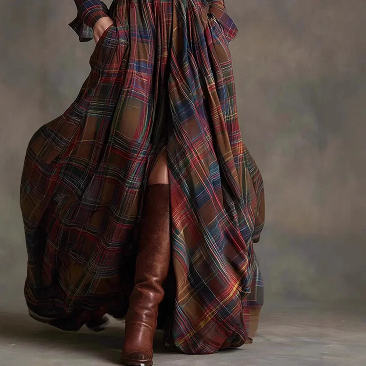 Femme Robe Maxi à Carreaux Manches Longues avec Col Chemise et Ceinture