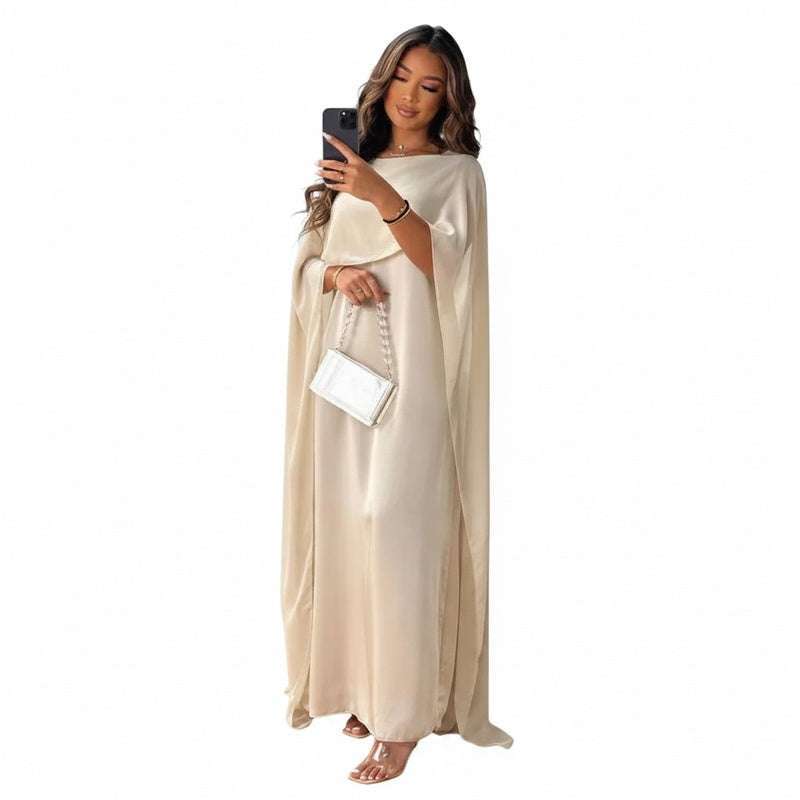 Femme Robe Maxi avec Col Rond et Manches Cape Fluides