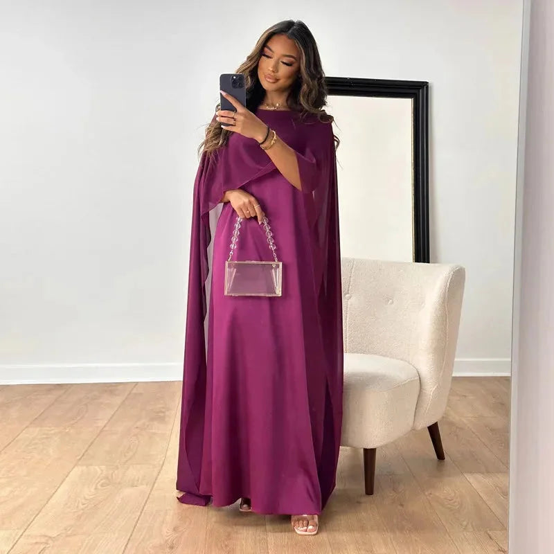 Femme Robe Maxi avec Col Rond et Manches Cape Fluides