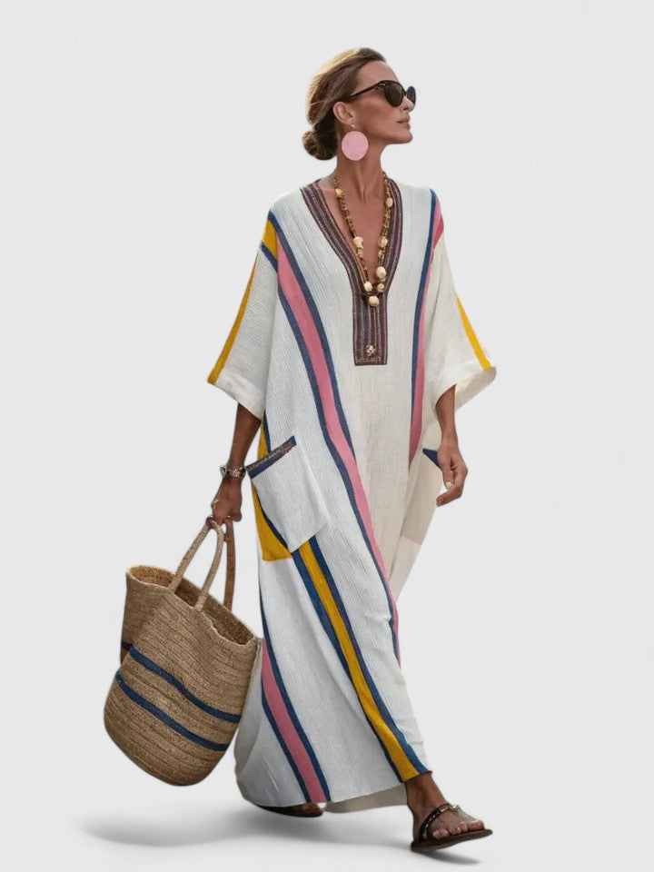 Femme Robe Maxi Boho avec Col en V et Rayures Contrastées