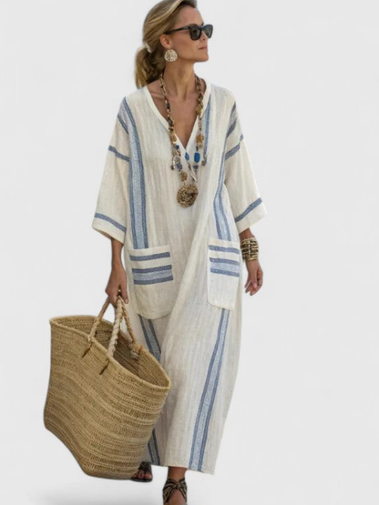 Women's Boho Maxi Dress with V-Neck and Contrasting Stripes - 3