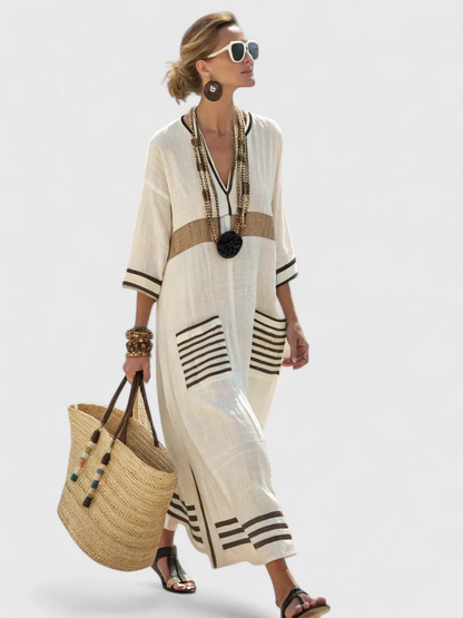 Women's Boho Maxi Dress with V-Neck and Contrasting Stripes - 4