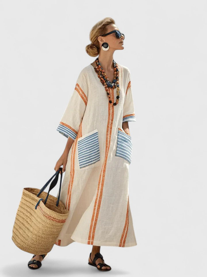 Women's Boho Maxi Dress with V-Neck and Contrasting Stripes - 5