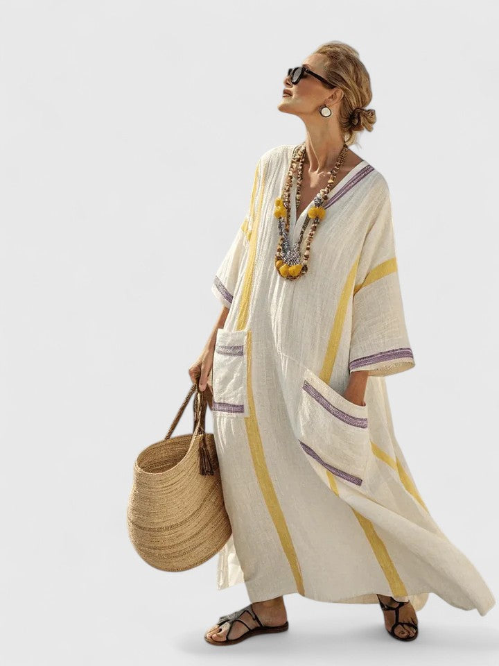 Femme Robe Maxi Boho avec Col en V et Rayures Contrastées