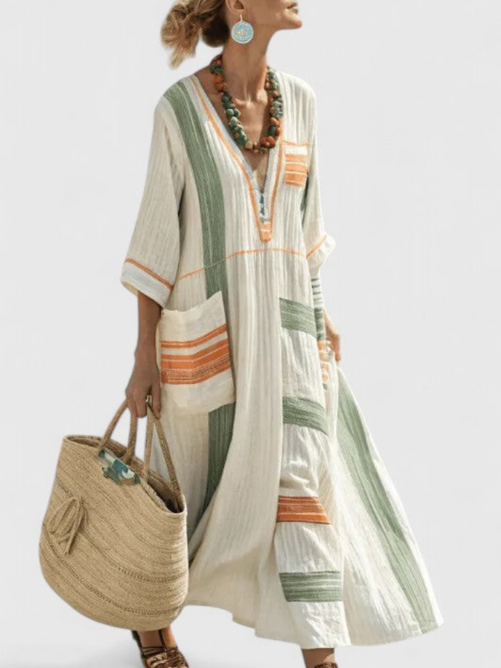 Femme Robe Maxi Boho avec Col en V et Rayures Contrastées