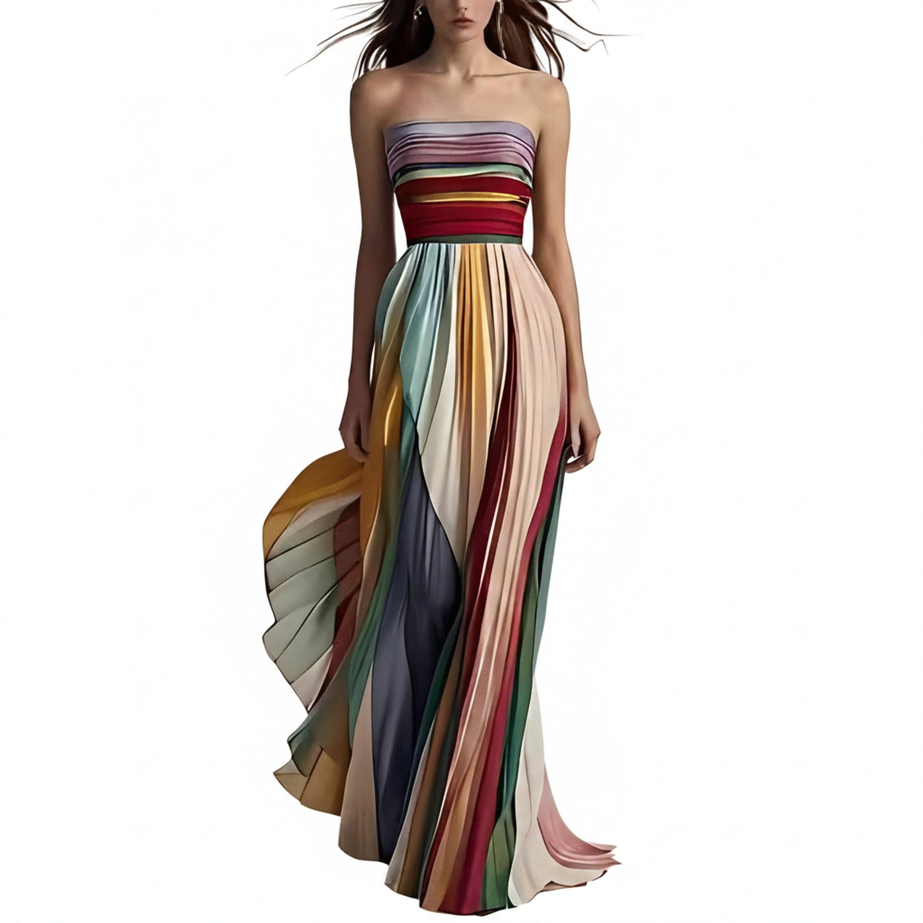 Femme Robe Maxi Bustier à Rayures Multicolores et Jupe Plissée