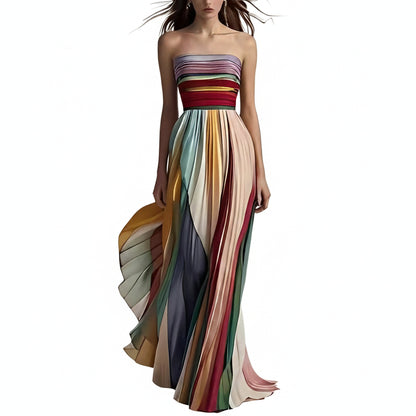 Women's Multicolored Striped Maxi Dress with Bustier and Pleated Skirt - 1
