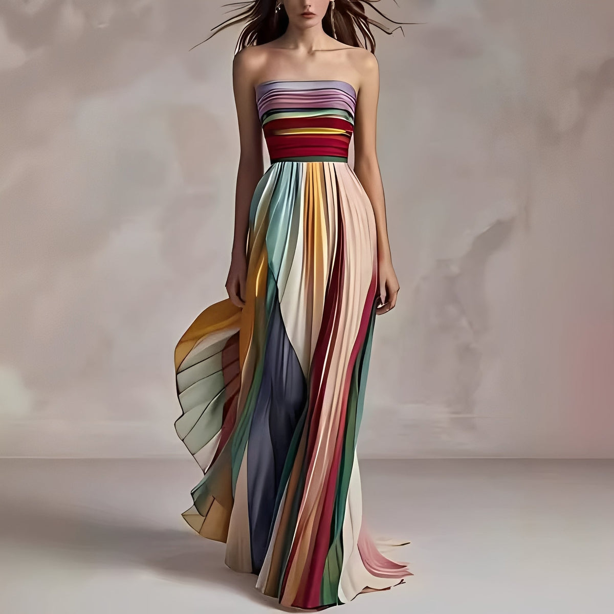 Women's Multicolored Striped Maxi Dress with Bustier and Pleated Skirt - 2