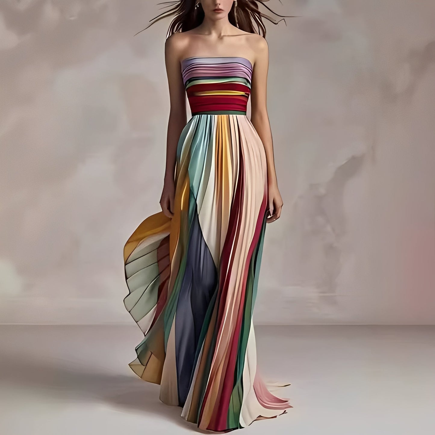 Femme Robe Maxi Bustier à Rayures Multicolores et Jupe Plissée