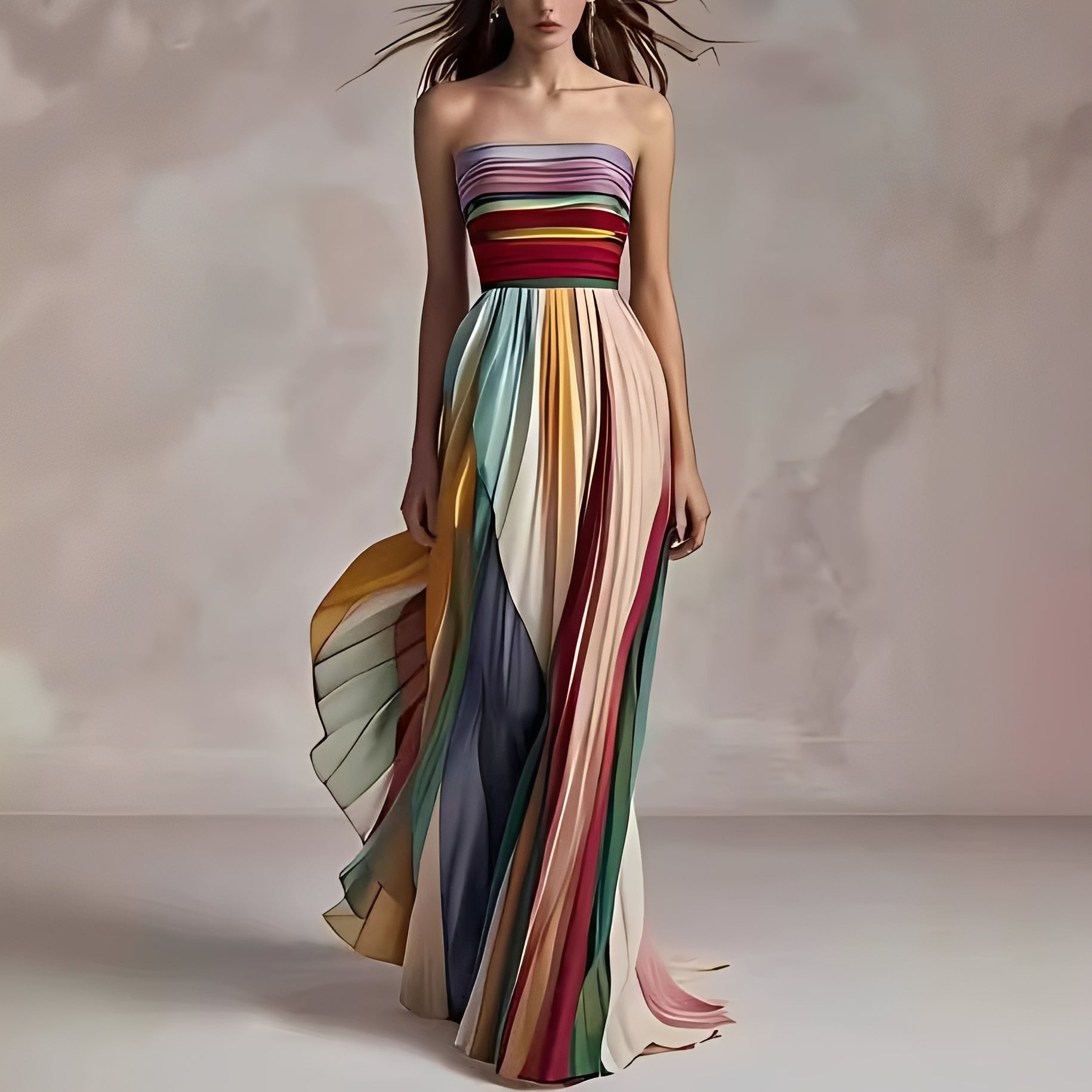 Femme Robe Maxi Bustier à Rayures Multicolores et Jupe Plissée
