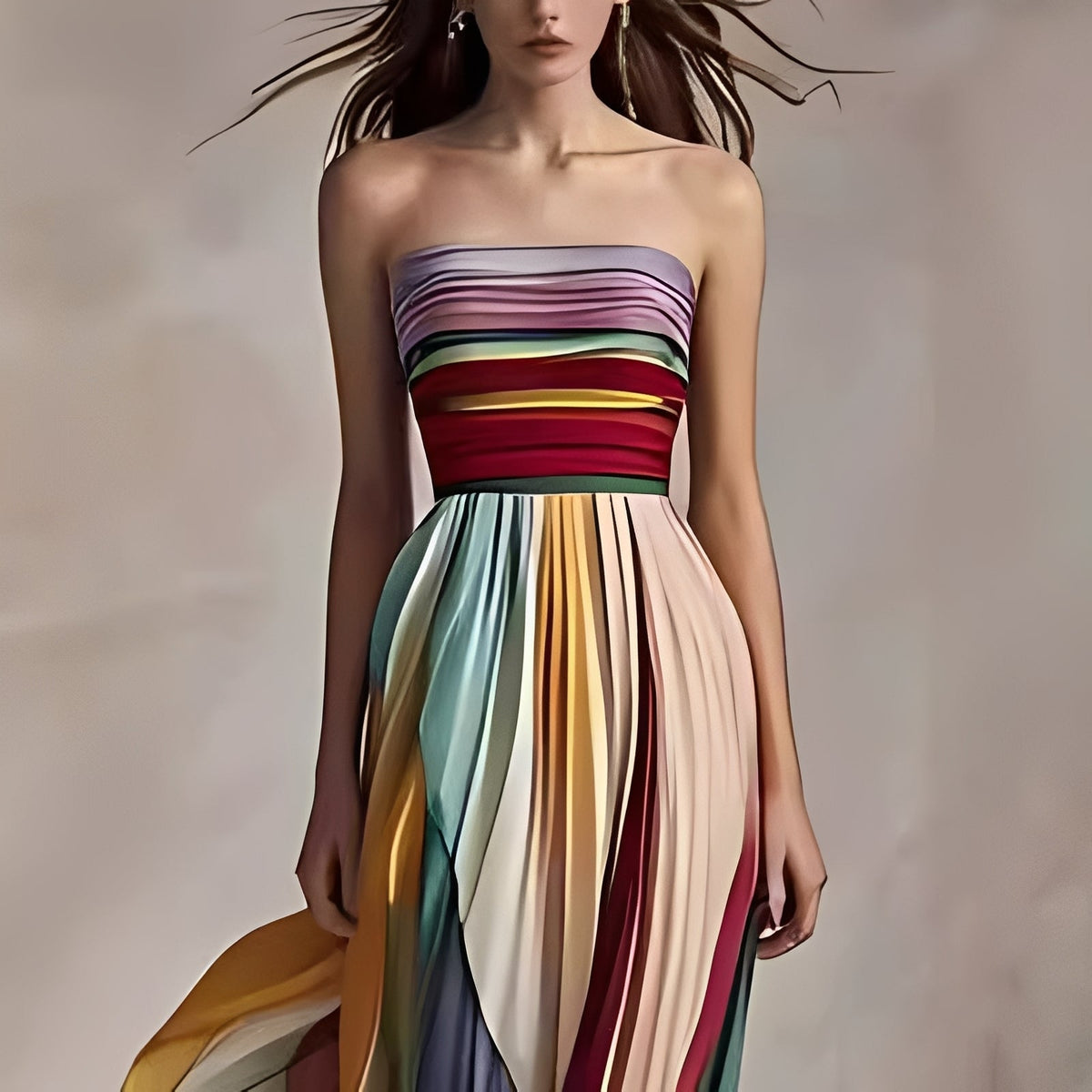 Women's Multicolored Striped Maxi Dress with Bustier and Pleated Skirt - 3