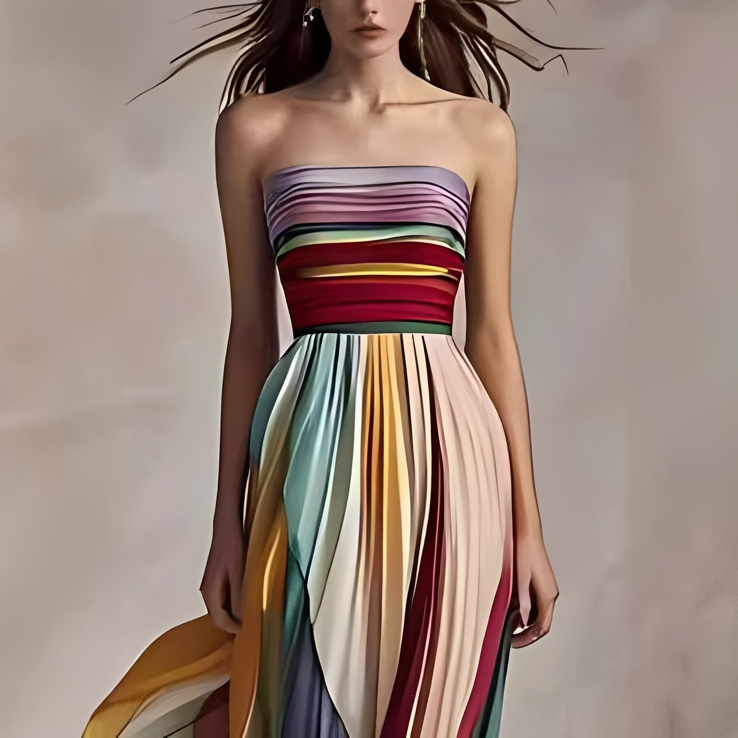 Femme Robe Maxi Bustier à Rayures Multicolores et Jupe Plissée