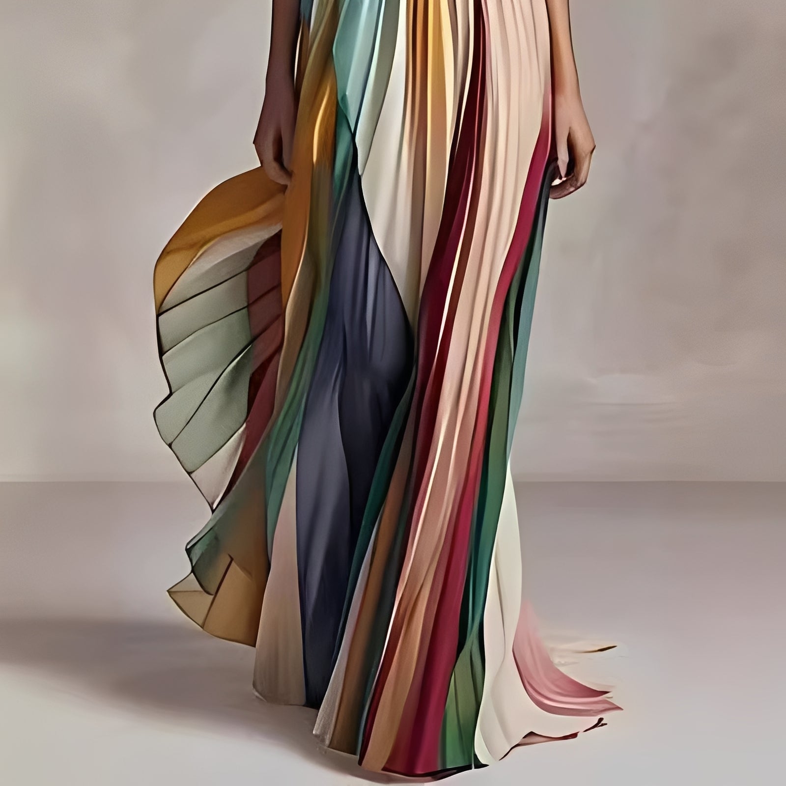 Femme Robe Maxi Bustier à Rayures Multicolores et Jupe Plissée