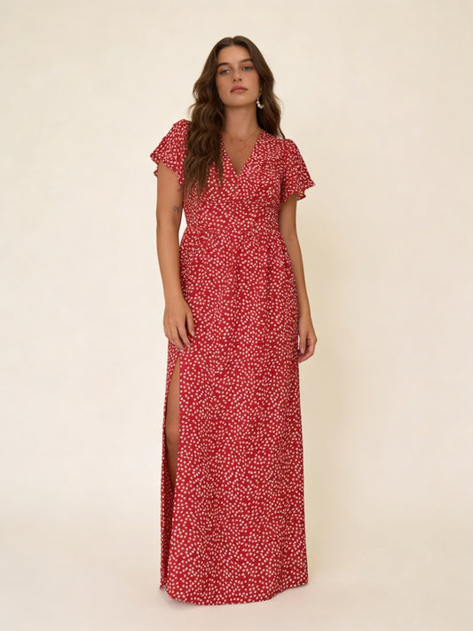 Femme Robe Maxi Col V, Imprimé à Pois avec Fente Latérale 1