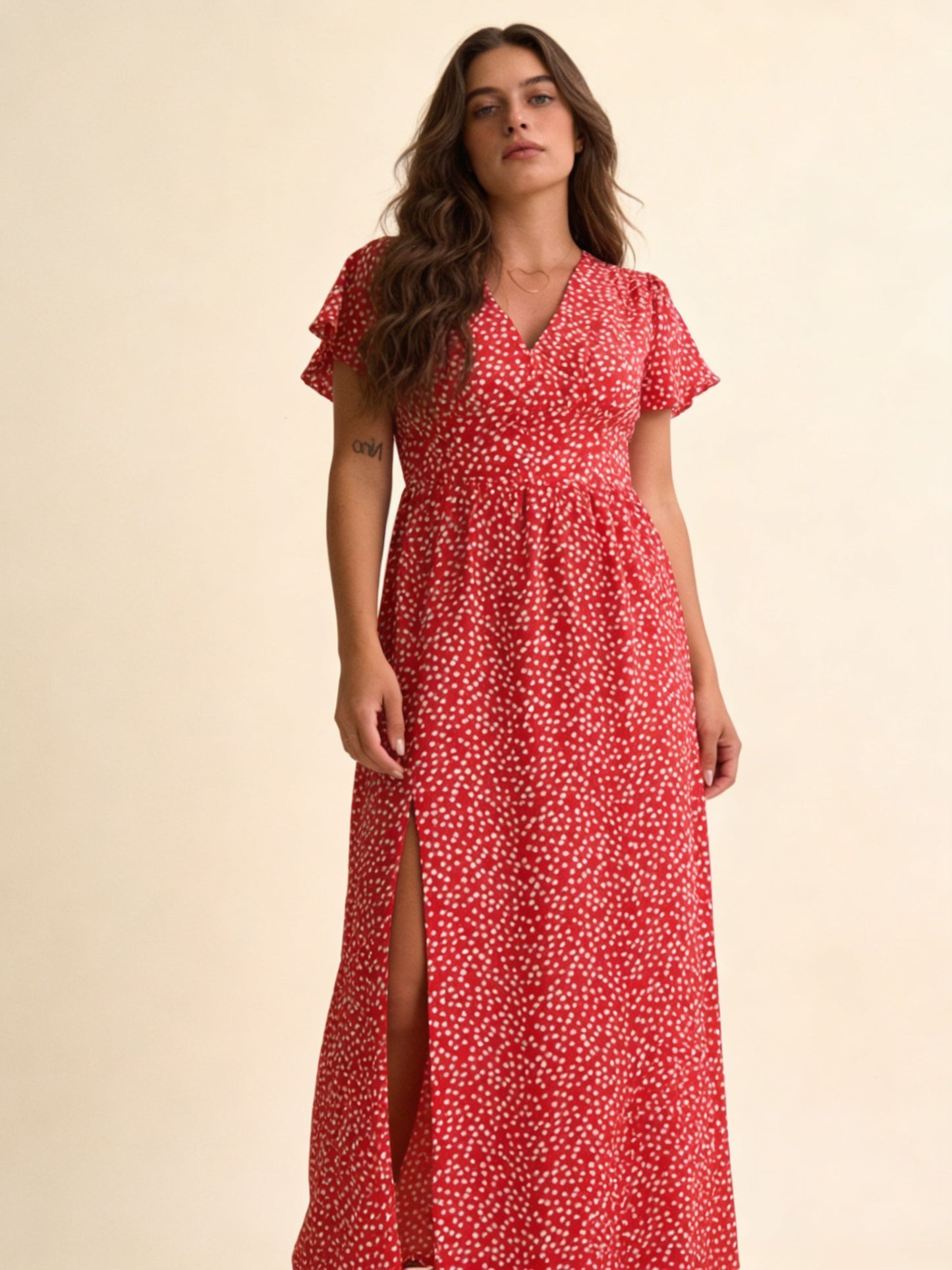 Femme Robe Maxi Col V, Imprimé à Pois avec Fente Latérale 3