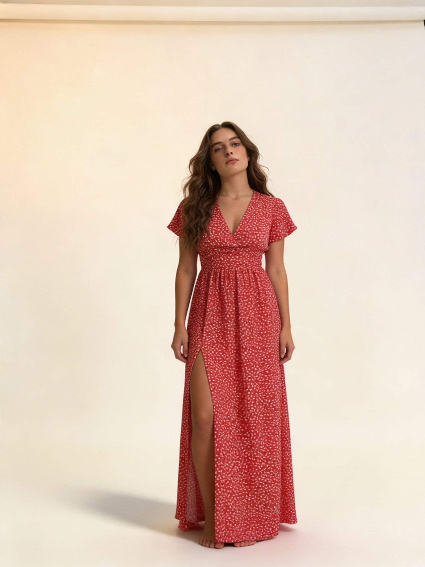 Femme Robe Maxi Col V, Imprimé à Pois avec Fente Latérale 4