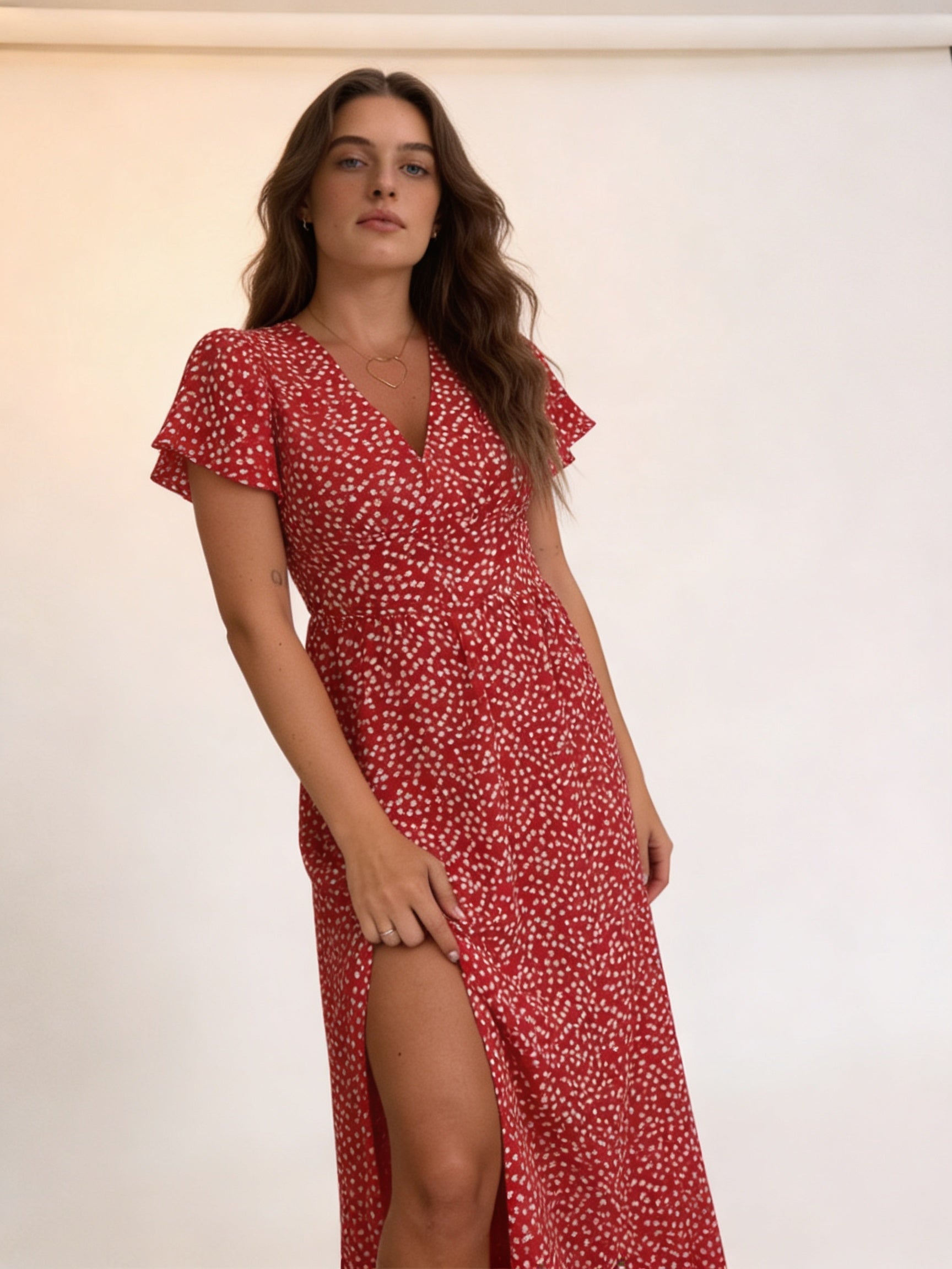 Femme Robe Maxi Col V, Imprimé à Pois avec Fente Latérale 5
