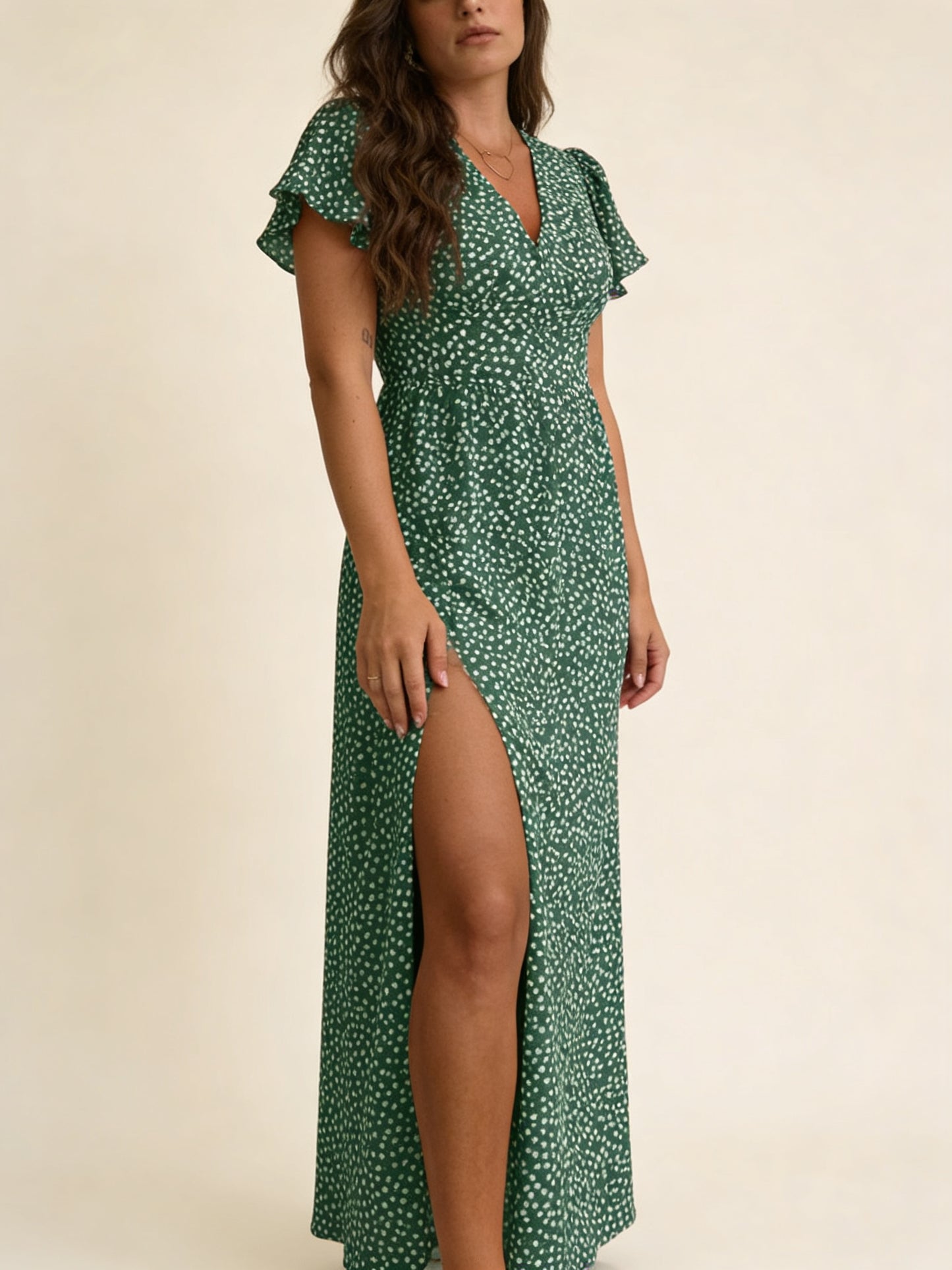 Femme Robe Maxi Col V, Imprimé à Pois avec Fente Latérale 6