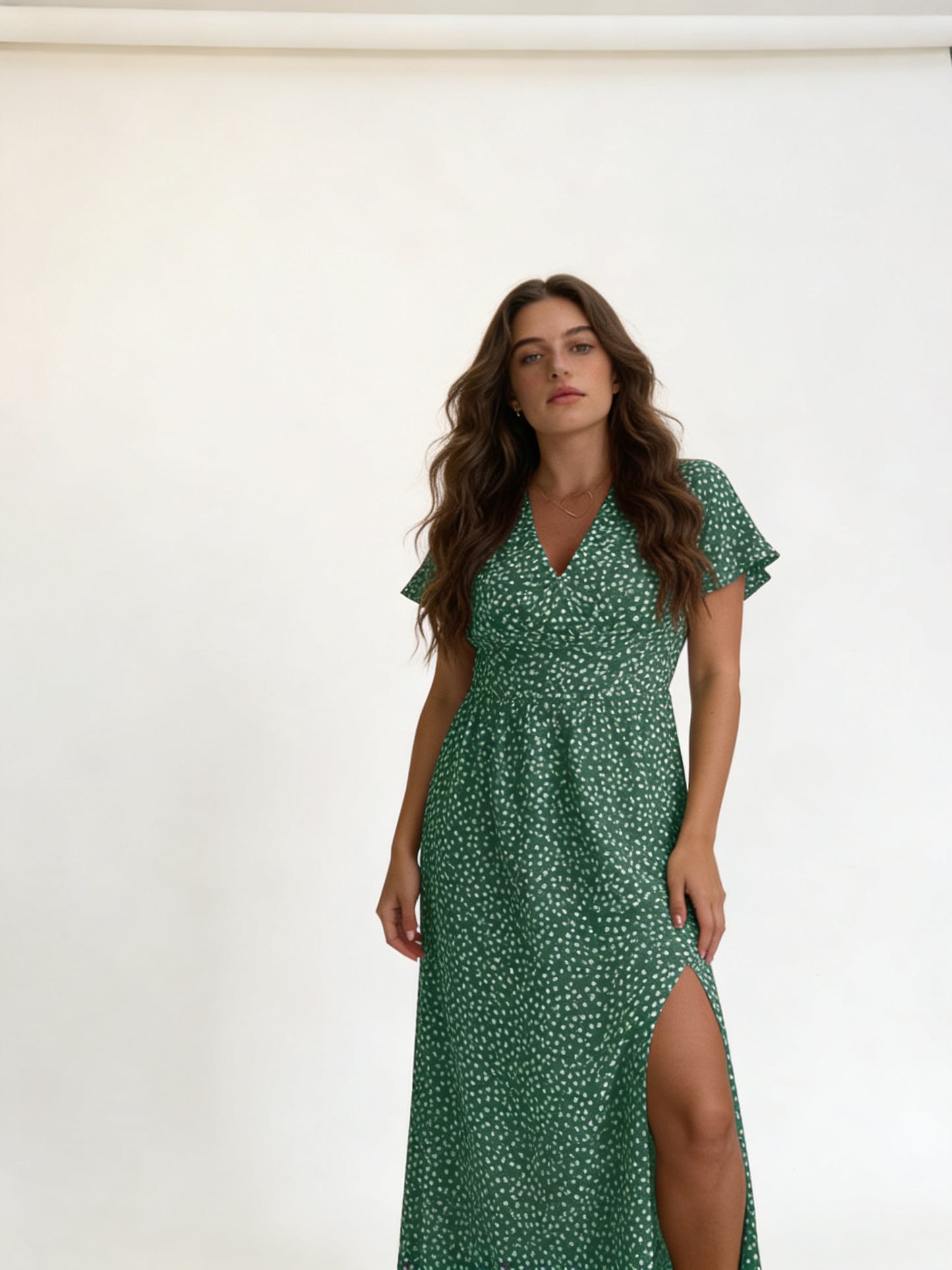 Femme Robe Maxi Col V, Imprimé à Pois avec Fente Latérale 7