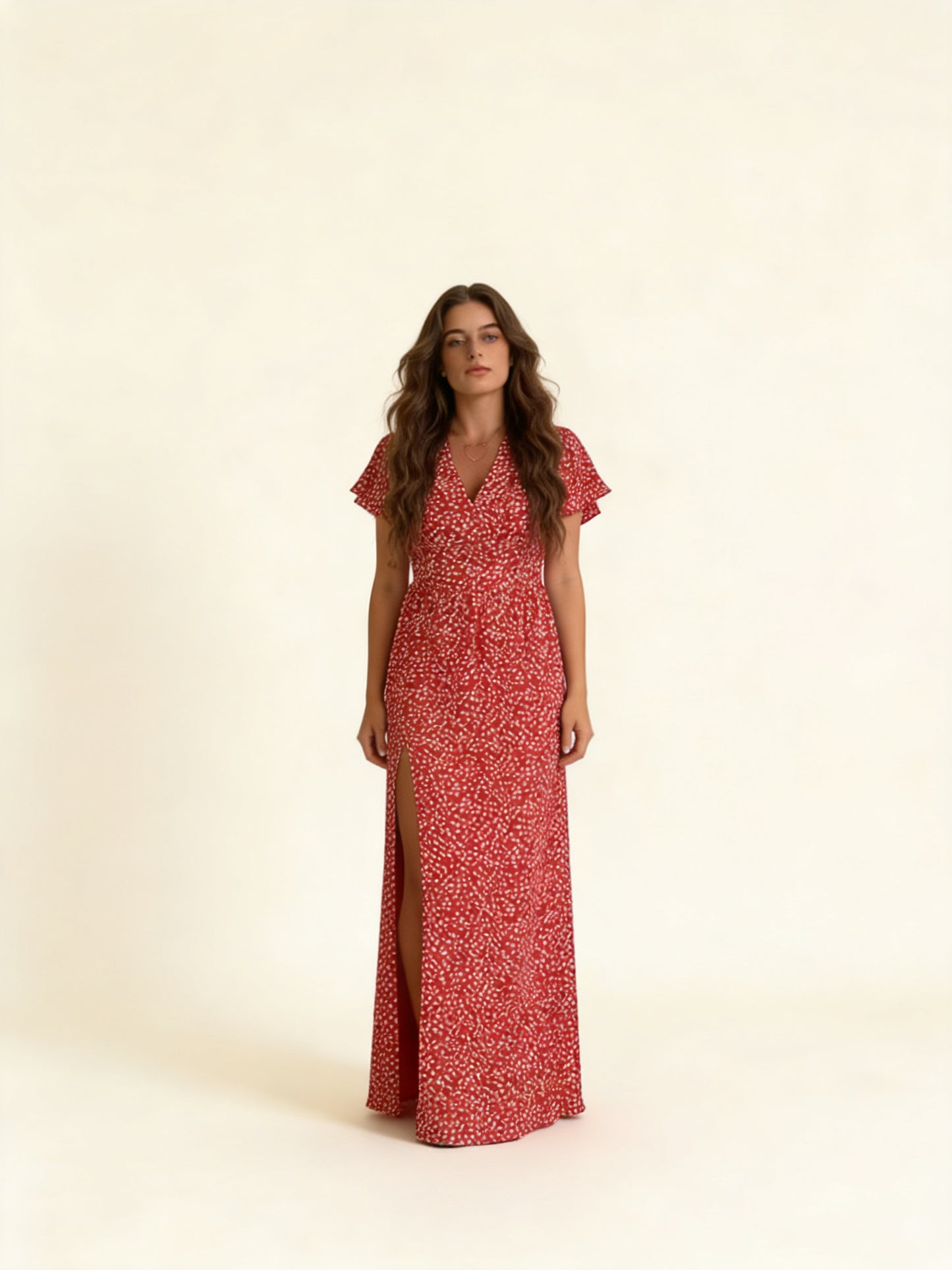 Femme Robe Maxi Col V, Imprimé à Pois avec Fente Latérale 8