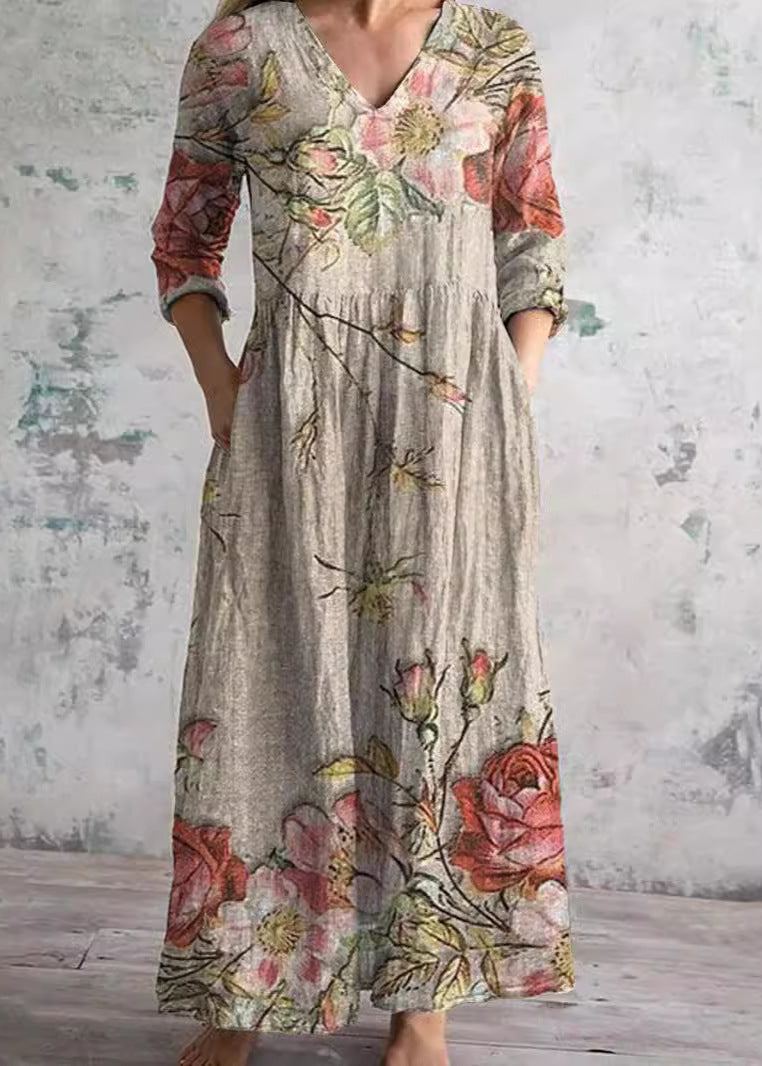 Women’s Floral Maxi Dress with V-Neck and Three-Quarter Sleeves - 2