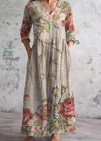 Women’s Floral Maxi Dress with V-Neck and Three-Quarter Sleeves - 2