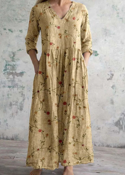 Women’s Floral Maxi Dress with V-Neck and Three-Quarter Sleeves - 3