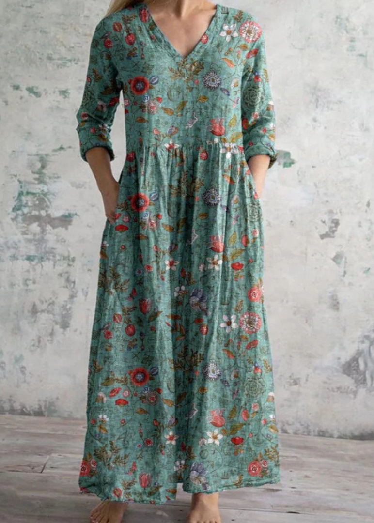 Women’s Floral Maxi Dress with V-Neck and Three-Quarter Sleeves - 4
